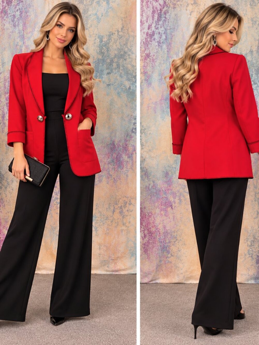 VTG📌 August Silk Timeless 1990s Red Longline Whipstitch Trim Silk Blend Blazer